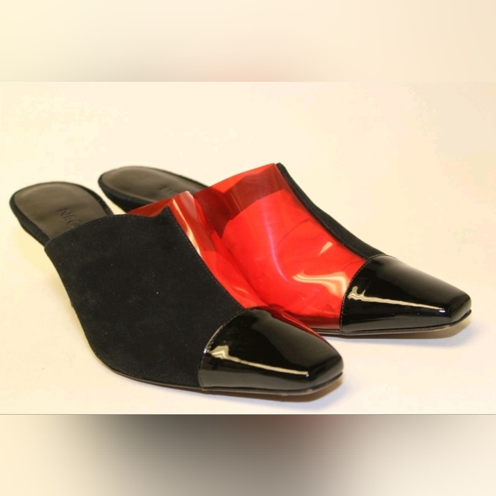 NEOUS GORGEOUS Italy Made Black Red Acetate Suede Mules Pumps Heels 38 8 - Picture 3 of 16